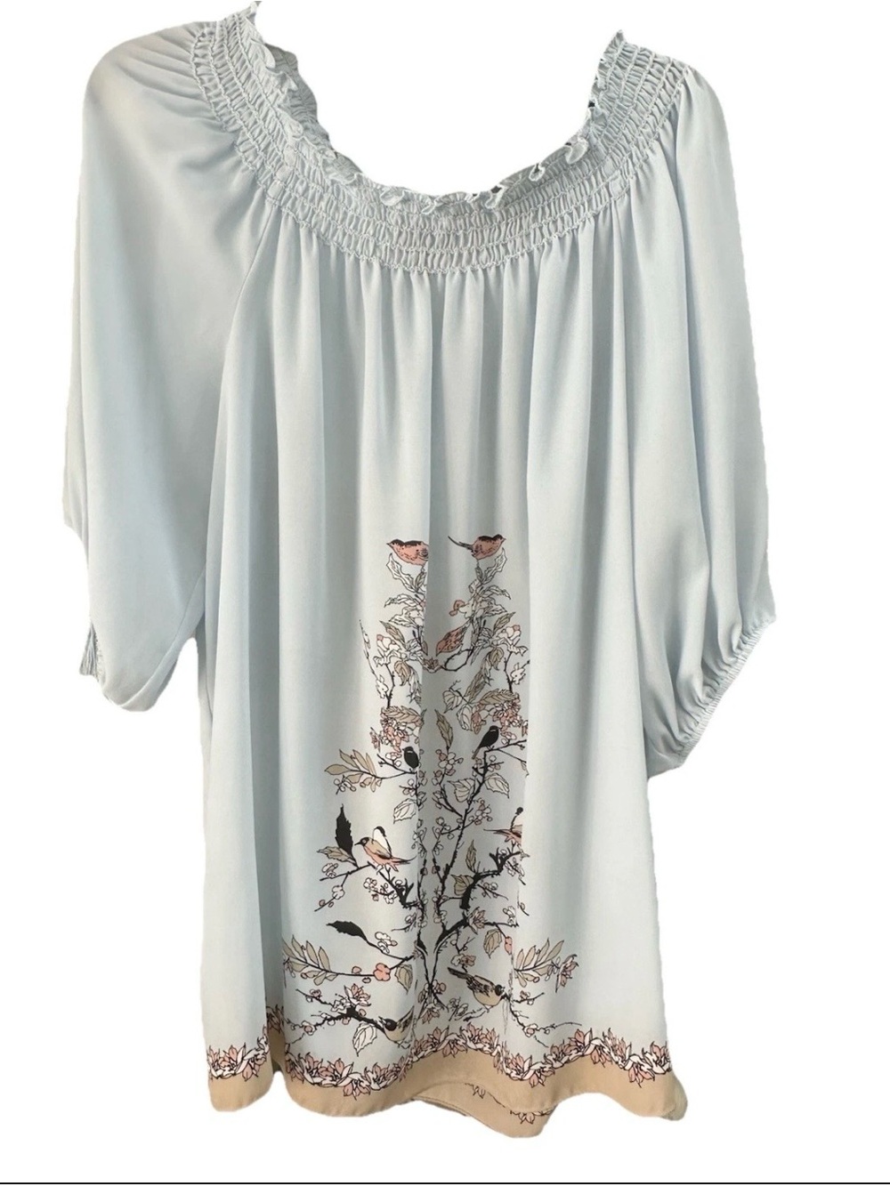 Max Edition Pale Blue Botanical Bird Smocked Neck Tunic with Tan Trim
